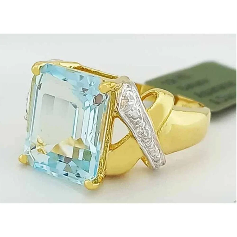 Genuine 6.25 Cts Aquamarine & Diamond Ring 10k Gold - Picture 2 of 5